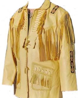 Mens Beige Buffalo Leather Native American Beaded Fringe Western Jacket FJ1063