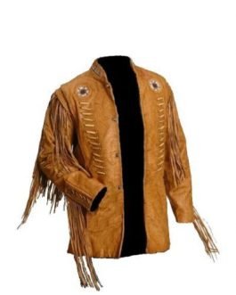 Mens Tan Buffalo Leather Native American Beaded Fringe Western Jacket FJ1064