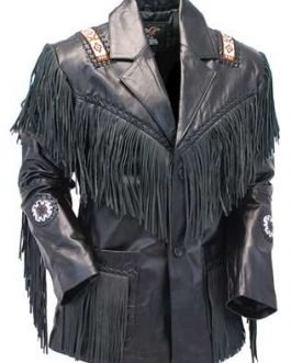 Mens Black Buffalo Leather Native American Beaded Fringe Western Jacket FJ1067