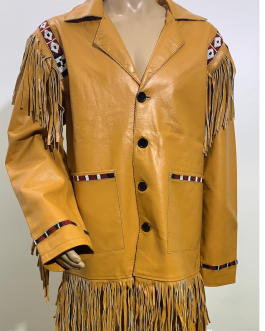 Mens Tan Buffalo Leather Native American Beaded Fringe Western Jacket / Coat FJ1751