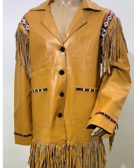 Mens Tan Buffalo Leather Native American Beaded Fringe Western Jacket / Coat FJ1751