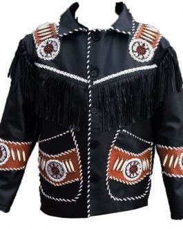 Mens Black Buffalo Leather Native American Beaded Fringe Western Jacket FJ1078