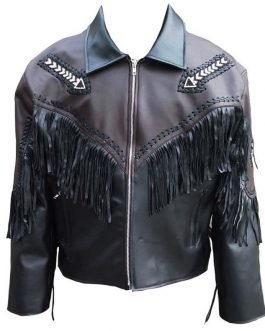 Mens Black Buffalo Leather Native American Beaded Fringe Western Jacket FJ1080