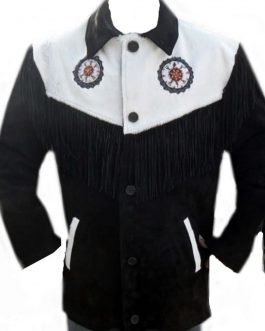 Mens Black Buffalo Suede Leather Native American Old Style Beaded Fringe Western Jacket FJ1081