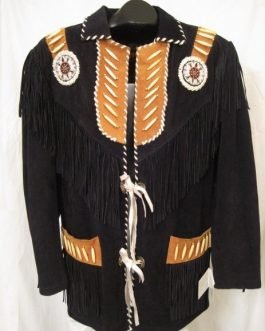 Mens Black Buffalo Suede Leather Native American Old Style Beaded Fringe Western Jacket FJ1082