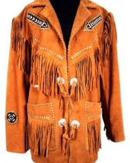 Mens Golden Brown Buffalo Suede Leather Native American Beaded Fringe Western Jacket FJ1083