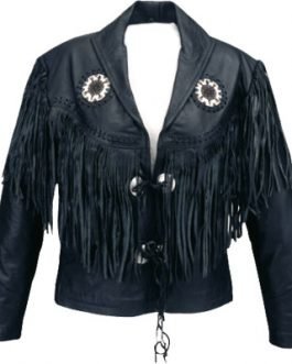 Mens Black Buffalo Leather Native American Beaded Fringe Western Jacket FJ1093