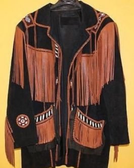 Mens Black Buffalo Leather Native American Beaded Fringe Western Jacket FJ1098