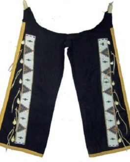 1800’s Old Style Native American Black Hide Beaded Chaps Leggings Powwow Regalia NCP1010