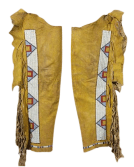 1800’s Old Style Native American Tan Leather Chaps Leggings Beaded Powwow Regalia NCP1055