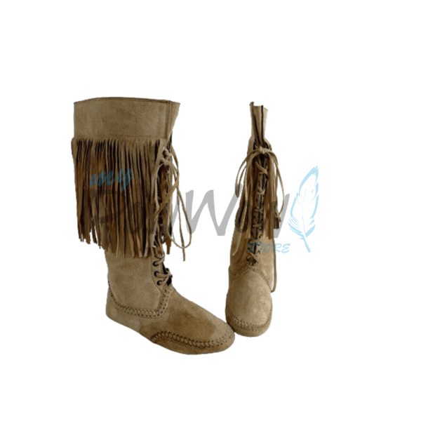 21C Native American Beige Leather Powwow Native Boots / Moccasin / Shoes MOC121