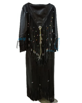 Woman’s Native American Black Buckskin Leather Fringes Wedding Dress Powwow Regalia WDBLK230