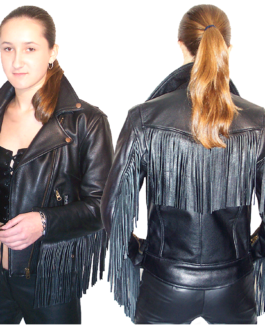 WESTERN WOMAN’S BLACK LEATHER FRINGES WESTERN BIKER JACKET WWJ13