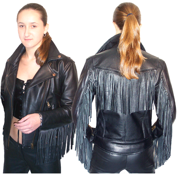 WESTERN WOMAN'S BLACK LEATHER FRINGES WESTERN BIKER JACKET WWJ13