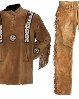 Old West Cowboy Eagle Beaded Brown Buckskin Suede Hide Western Suit Shirt & Pant WSP124