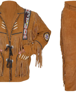 Old West Cowboy Eagle Beaded Brown Buckskin Hide Western Suit Jacket & Pant WJP13