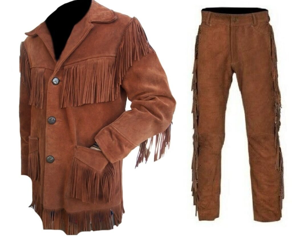 Native American Western Wear Buckskin Suede Leather War Suit Fringe Shirt &  Pant