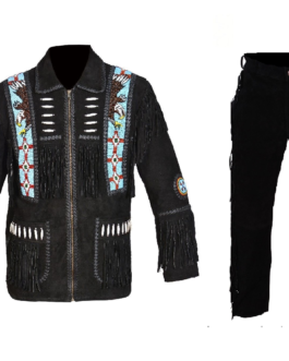 Old West Cowboy Eagle Beaded Black Buckskin Suede Hide Western Suit Jacket & Pant WJP69