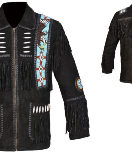 Old West Cowboy Eagle Beaded Black Buckskin Suede Hide Western Suit Jacket & Pant WJP69