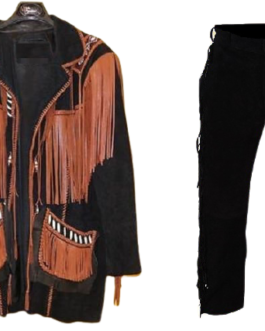 Old West Cowboy Beaded Black Buckskin Suede Hide Western Suit Jacket & Pant WJP73