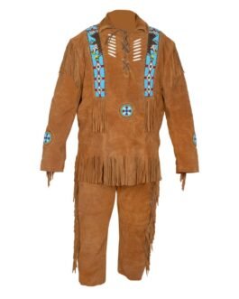 Old West Cowboy Eagle Beaded Brown Buckskin Suede Hide Western Suit Shirt & Pant WSP75