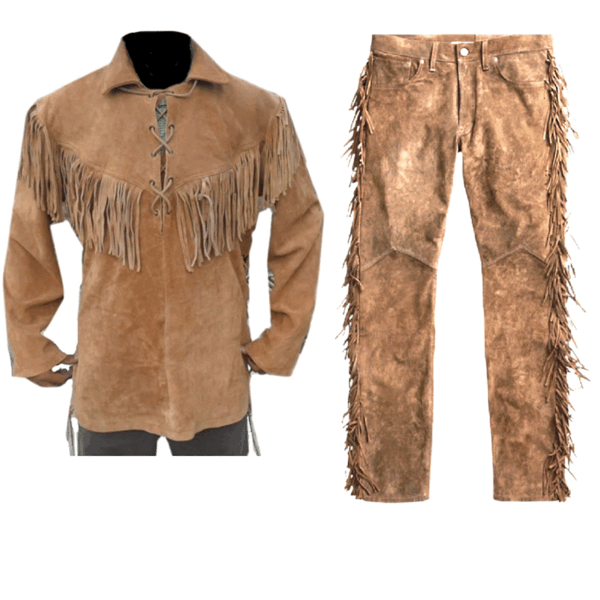 Western Leather Fringe Outfit Shirt & Pant in Brown
