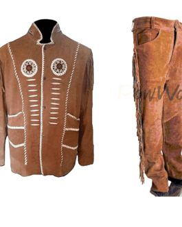 Cowboy Beaded Jacket with Pant Brown Buckskin Suede Hide Suit WJP115