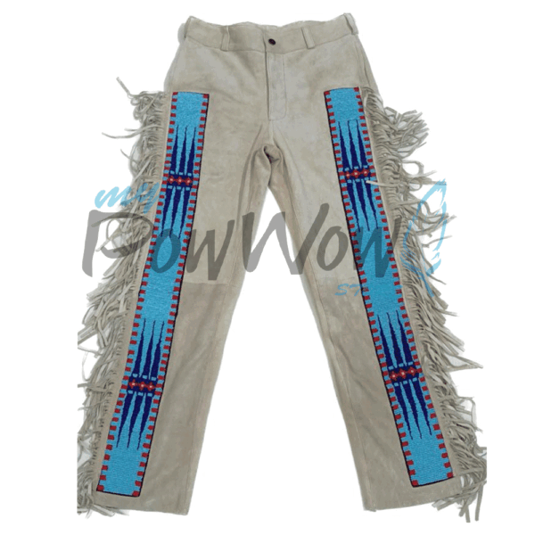 Leather Fringe Beaded Pants for Powwow in Beige
