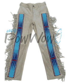 Leather Fringe Beaded Pants for Powwow in Beige NP608