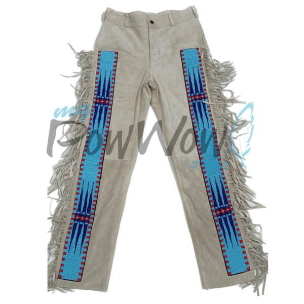 Leather Fringe Beaded Pants for Powwow in Beige
