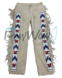 Leather Fringe Beaded Pants for Powwow in Beige NP609