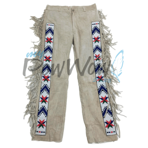 Leather Fringe Beaded Pants for Powwow in Beige