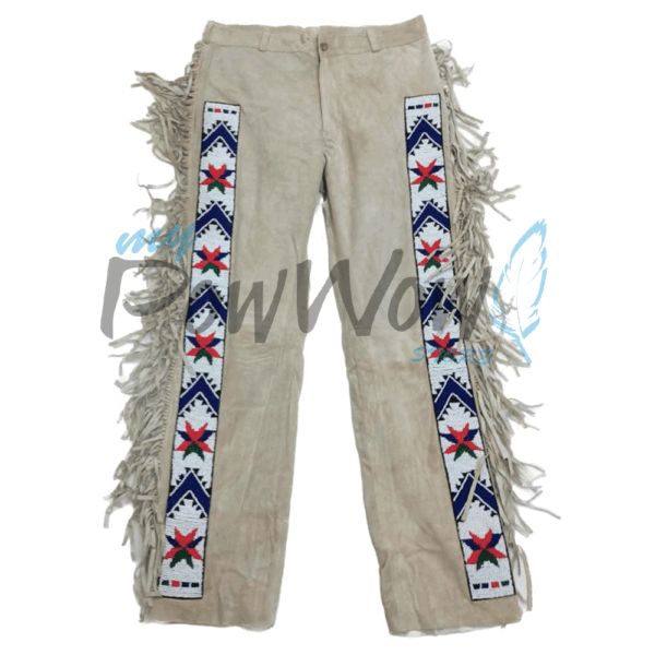BIEGE-BEADED-PANT-11A Leather Fringe Beaded Pants for Powwow in Beige