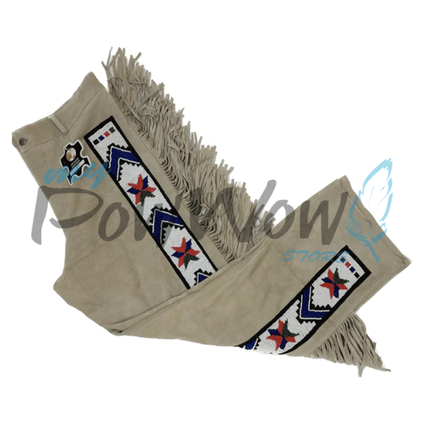 BIEGE-BEADED-PANT-11B Leather Fringe Beaded Pants for Powwow in Beige NP609