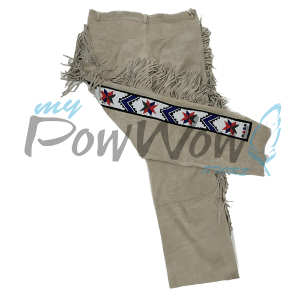 BIEGE-BEADED-PANT-11C Leather Fringe Beaded Pants for Powwow in Beige NP609