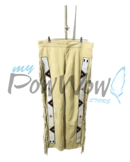 Leather Fringe Beaded Pants for Powwow in Beige NP610