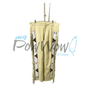 BIEGE-BEADED-PANT-12A Leather Fringe Beaded Pants for Powwow in Beige