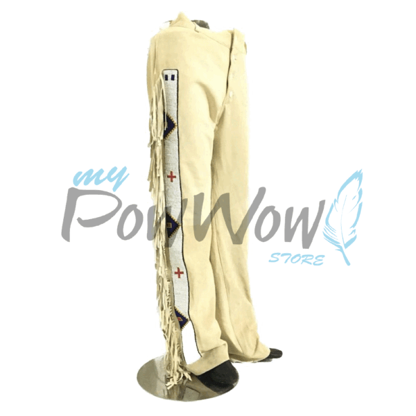 Leather Fringe Beaded Pants for Powwow in Beige NP610