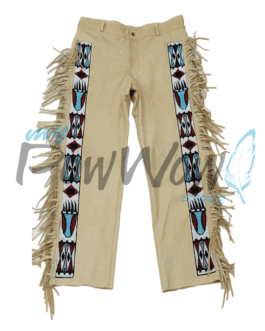 Leather Fringe Beaded Pants for Powwow in Beige NP611