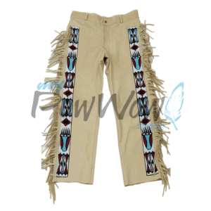 BIEGE-BEADED-PANT-13B Leather Fringe Beaded Pants for Powwow in Beige