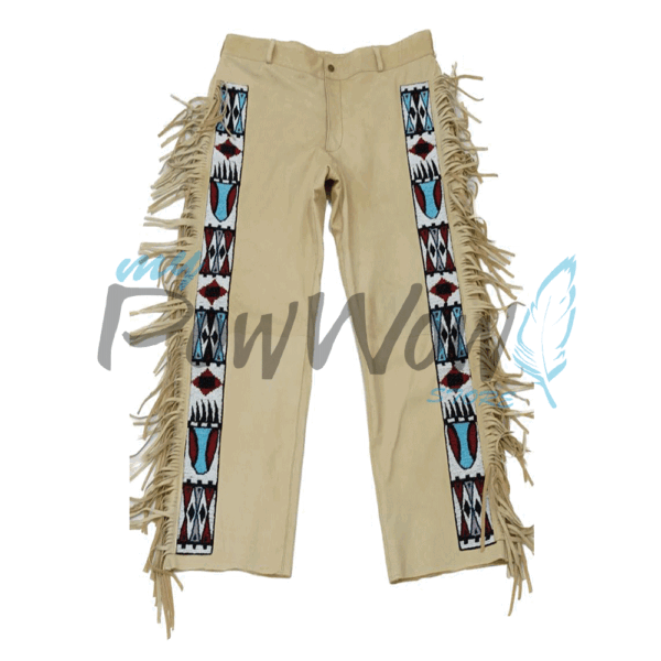 Leather Fringe Beaded Pants for Powwow in Beige
