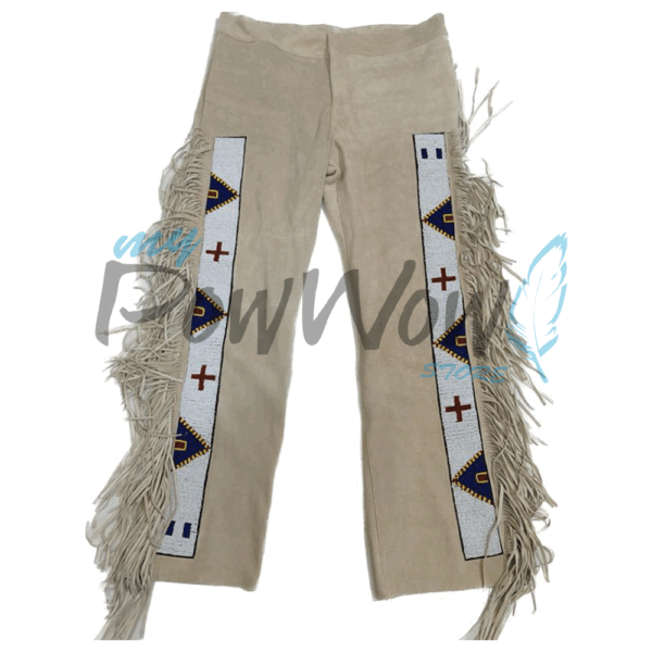 Leather Fringe Beaded Pants for Powwow in Beige