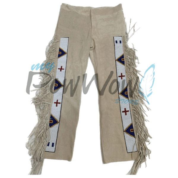 Leather Fringe Beaded Pants for Powwow in Beige NP612