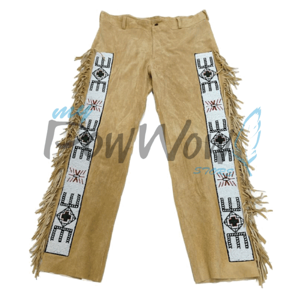 Leather Fringe Beaded Pants for Powwow in Beige NP613
