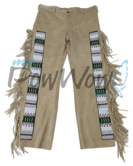 Leather Fringe Beaded Pants for Powwow in Beige NP614