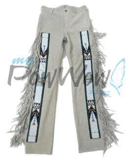 Leather Fringe Beaded Pants for Powwow in Beige NP615