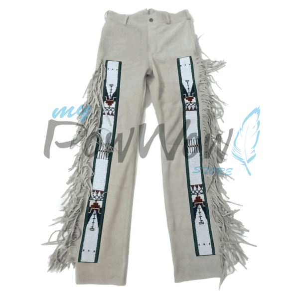 Leather Fringe Beaded Pants for Powwow in Beige