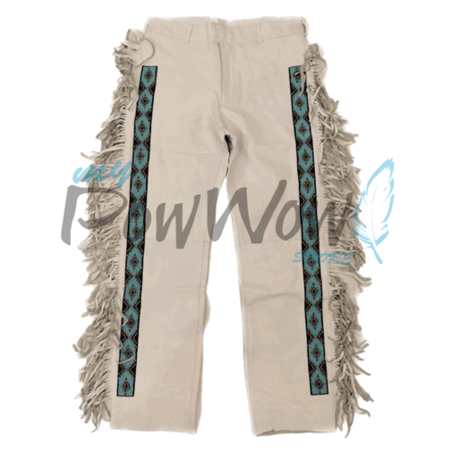 Leather Fringe Beaded Pants for Powwow in Beige