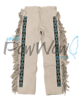 Leather Fringe Beaded Pants for Powwow in Beige NP601