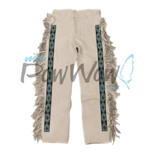 BIEGE-BEADED-PANT-1B Leather Fringe Beaded Pants for Powwow in Beige